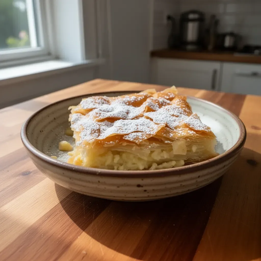 A delicious serving of Greek Bougatsa pastry filled with cream and topped with powdered sugar.
