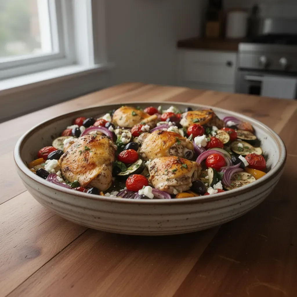 Delicious Greek Sheet Pan Chicken served with vegetables and herbs