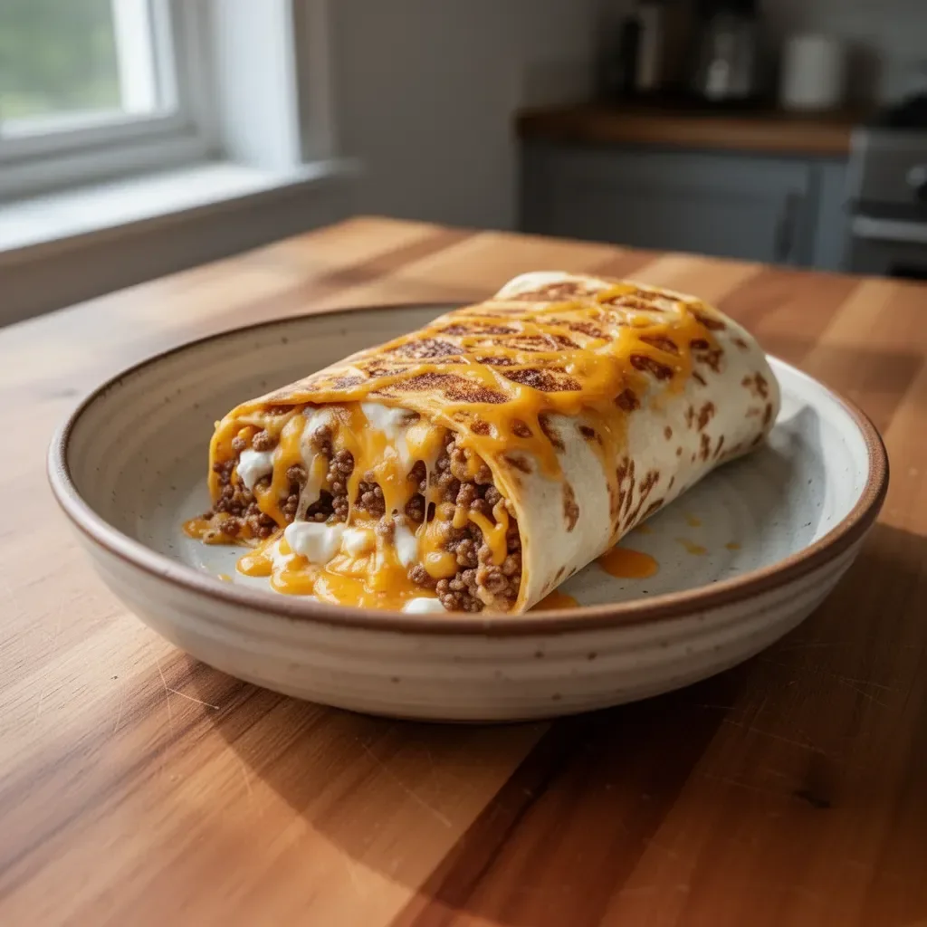 A delicious grilled cheese burrito filled with gooey cheese and wrapped in a tortilla