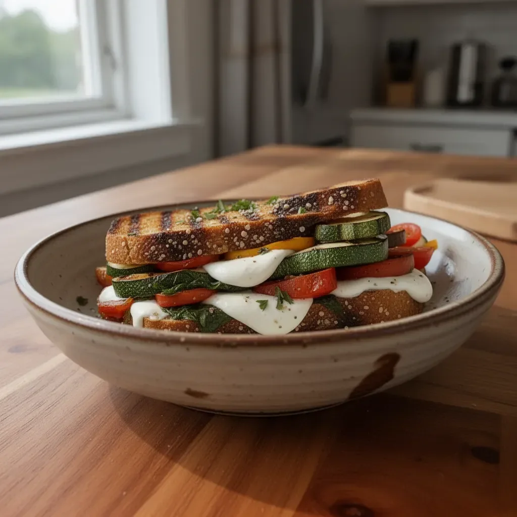 Grilled veggie and mozzarella sandwiches stacked on a plate