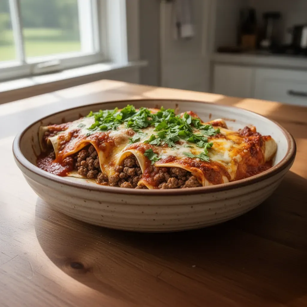Delicious ground beef enchiladas topped with cheese and served on a plate