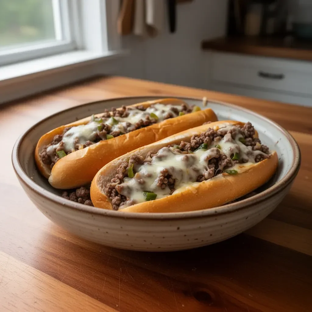 Delicious Ground Beef Philly Cheesesteaks with melted cheese and toppings