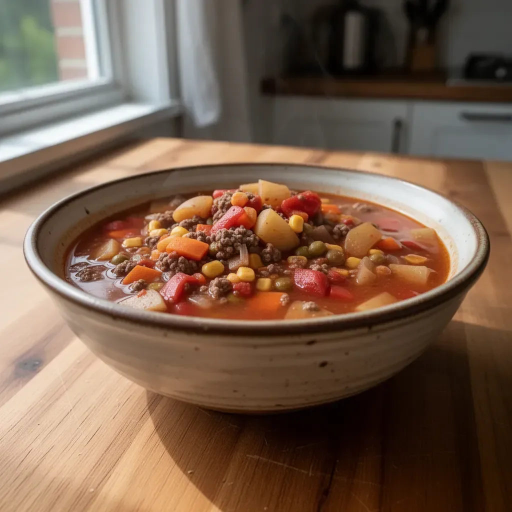 A bowl of hearty Hamburger Soup with vegetables and beef, perfect for cozy meals.