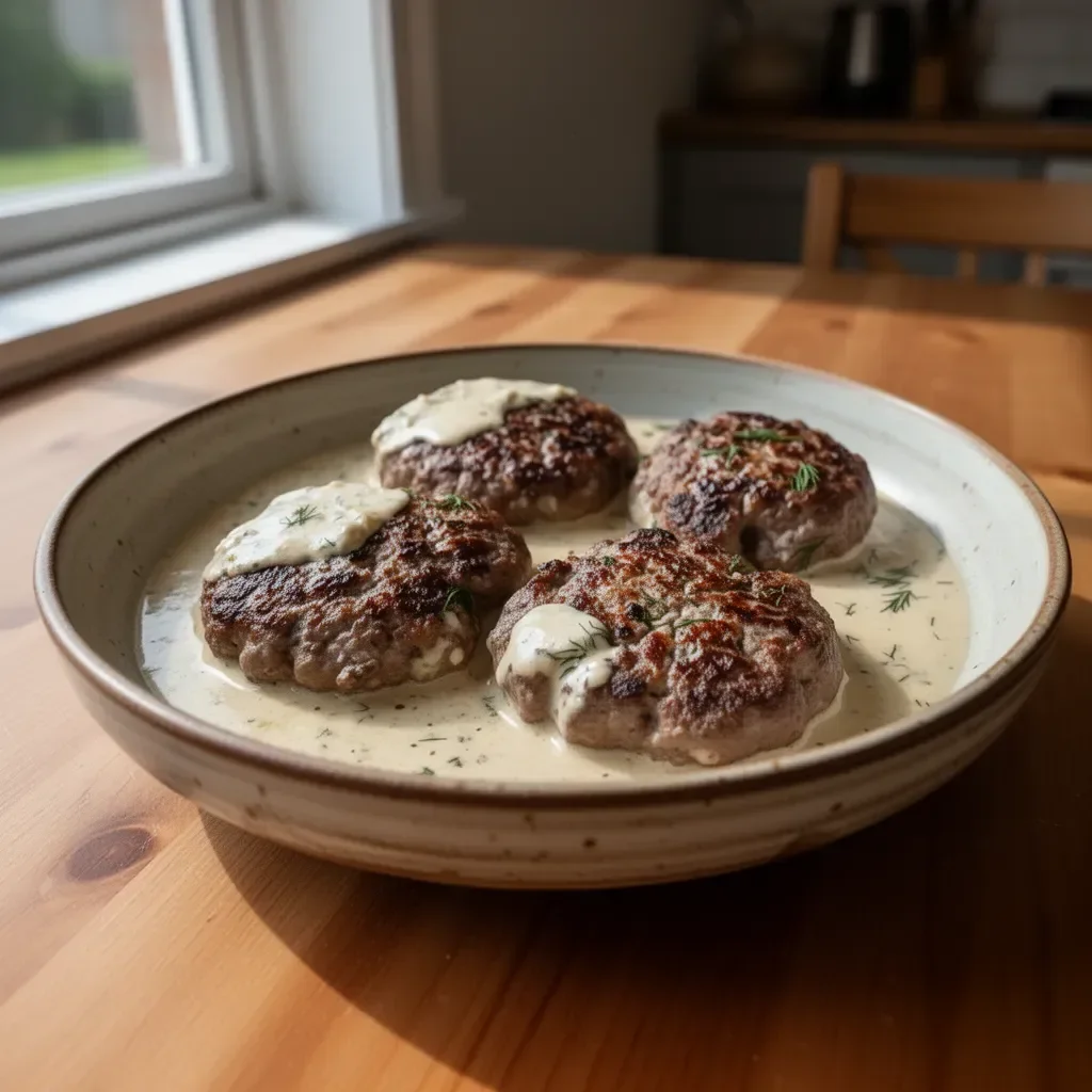 Delicious hamburger steaks served in creamy dill sauce for a hearty meal
