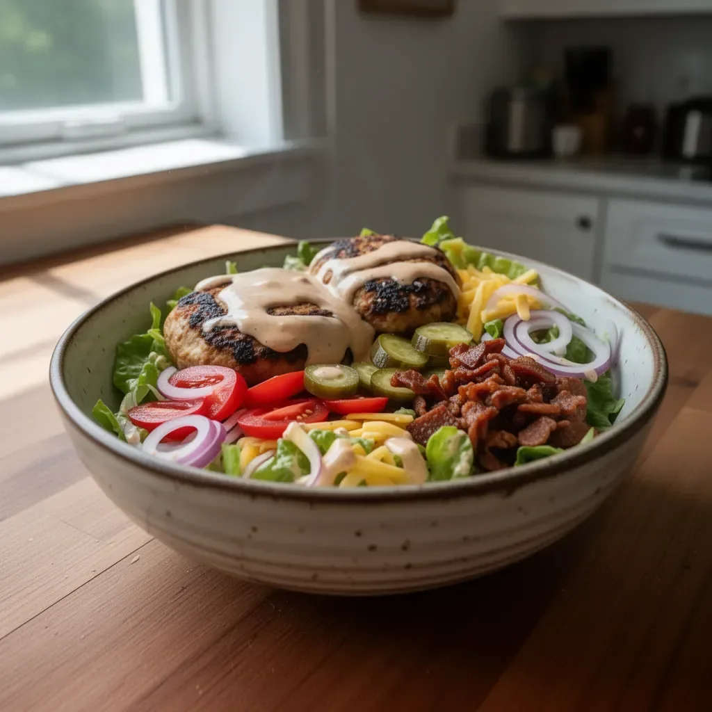 Healthy Burger Bowl with special sauce, fresh toppings, and a nutritious twist