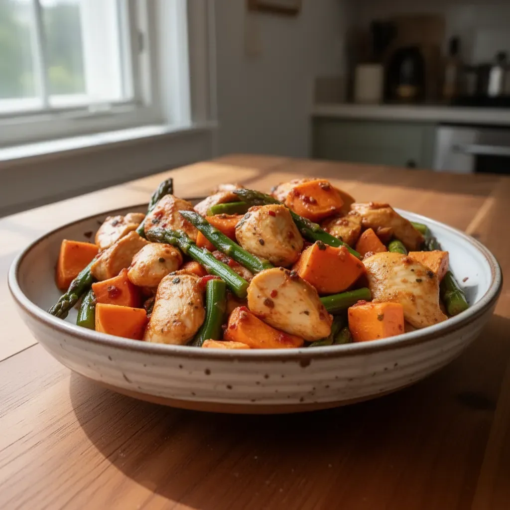 Healthy chicken dish served with sweet potatoes