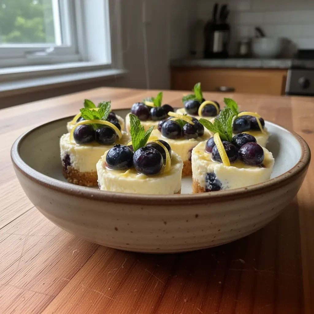 Healthy mini lemon blueberry cheesecakes topped with fresh blueberries.