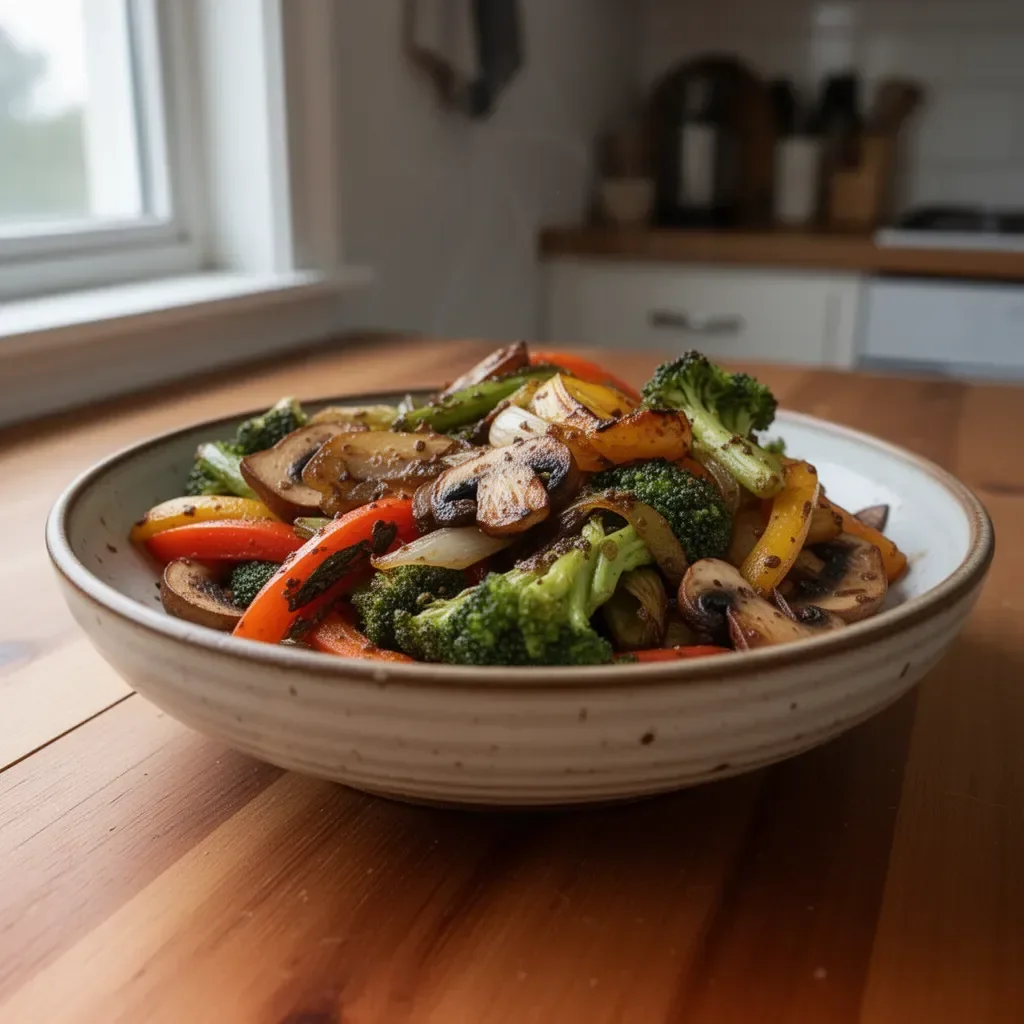 Colorful bowl of healthy sautéed vegetables including bell peppers, carrots, and broccoli.