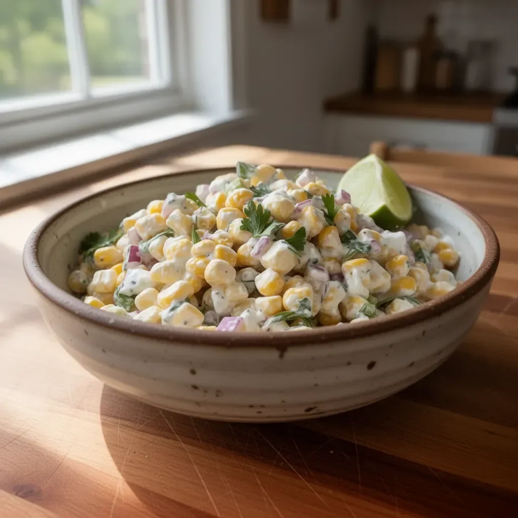 Healthy street corn salad topped with Greek yogurt and fresh ingredients