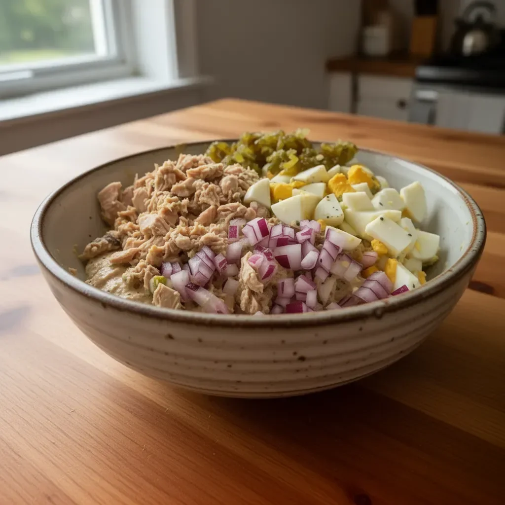 Healthy tuna egg salad with fresh ingredients in a bowl