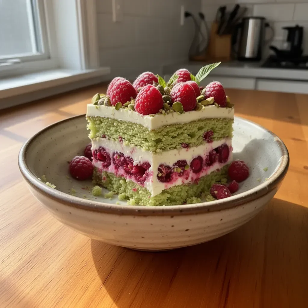 Heavenly Pistachio Raspberry Dream Cake with vibrant raspberry topping and pistachio crumbles