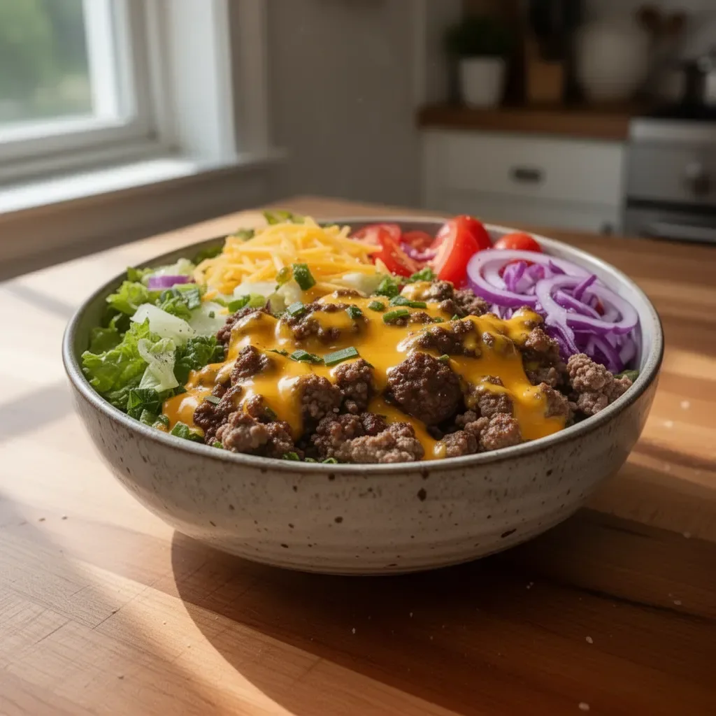 High-protein cheeseburger bowls with fresh ingredients and toppings