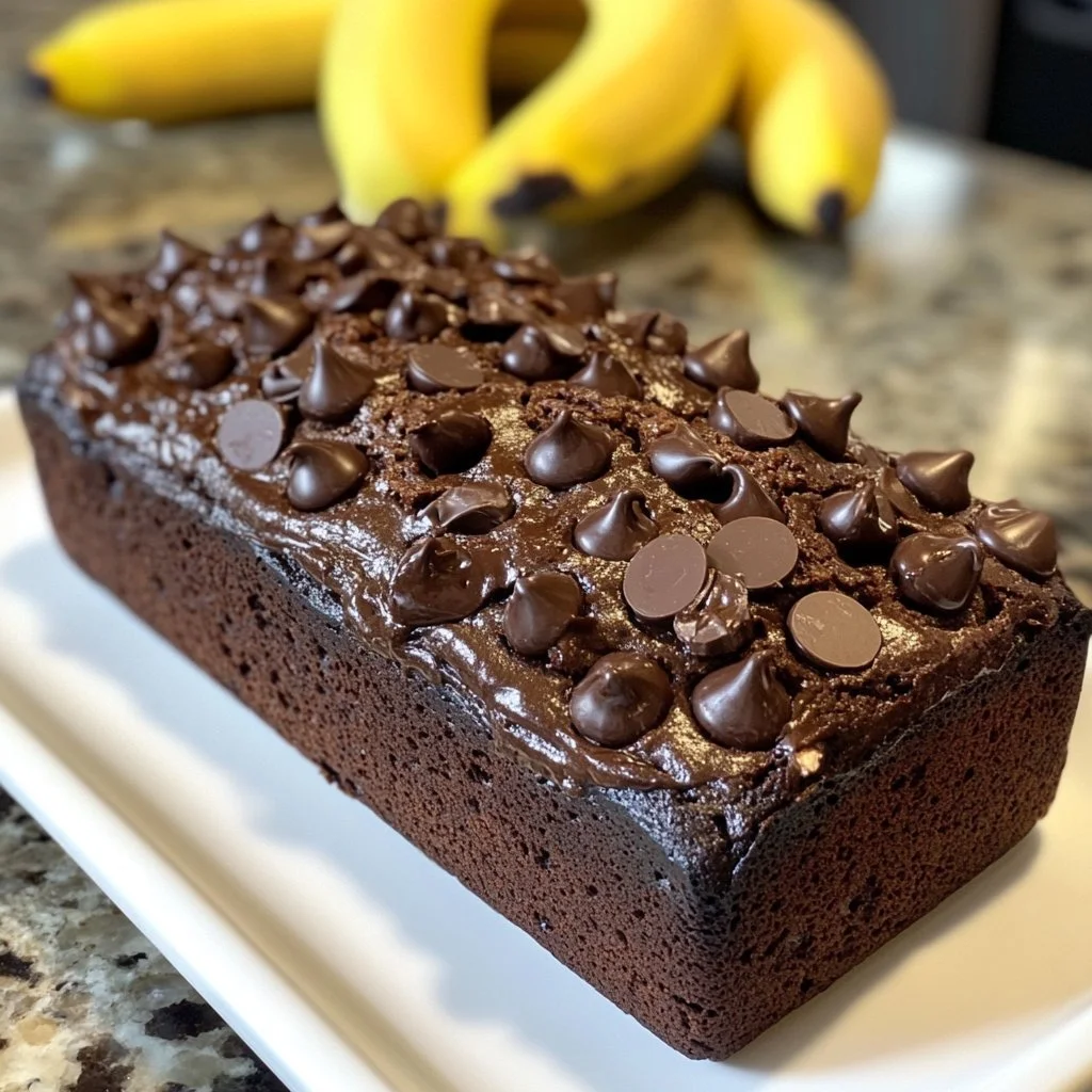 High-protein chocolate banana bread slice on a wooden table