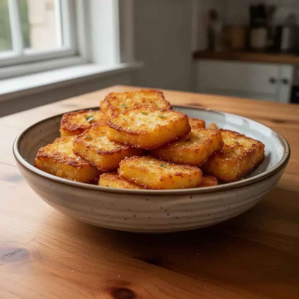 Crispy homemade hash browns served on a plate with a side of eggs.