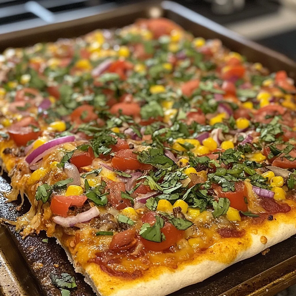Delicious homemade Mexican pizza topped with fresh ingredients and spices.