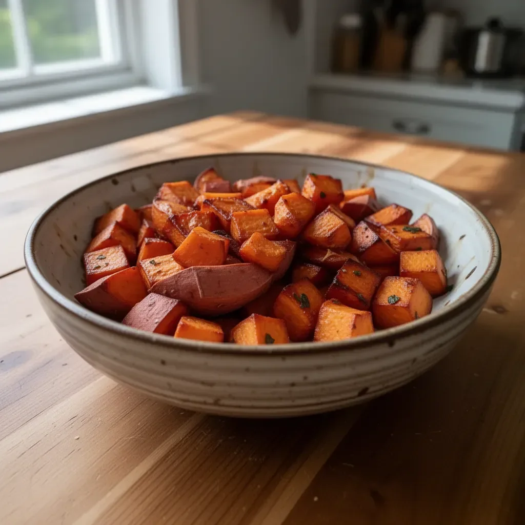 Bowl of honey roasted sweet potatoes garnished with herbs