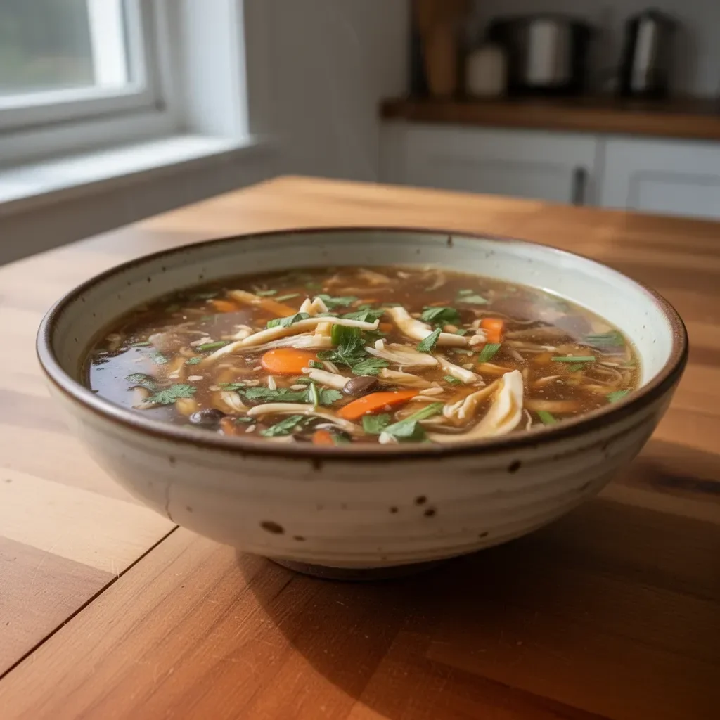 Bowl of Hot and Sour Soup garnished with green onions and mushrooms