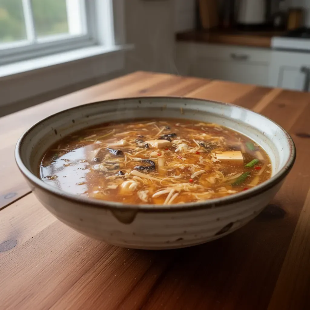 Bowl of homemade Hot and Sour Soup garnished with fresh herbs