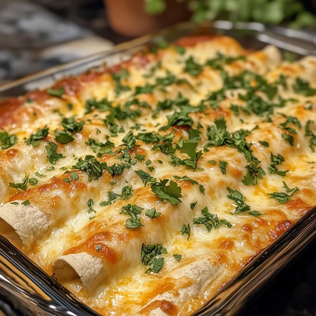 Delicious queso chicken enchiladas topped with creamy sauce, ideal for weeknight dinners