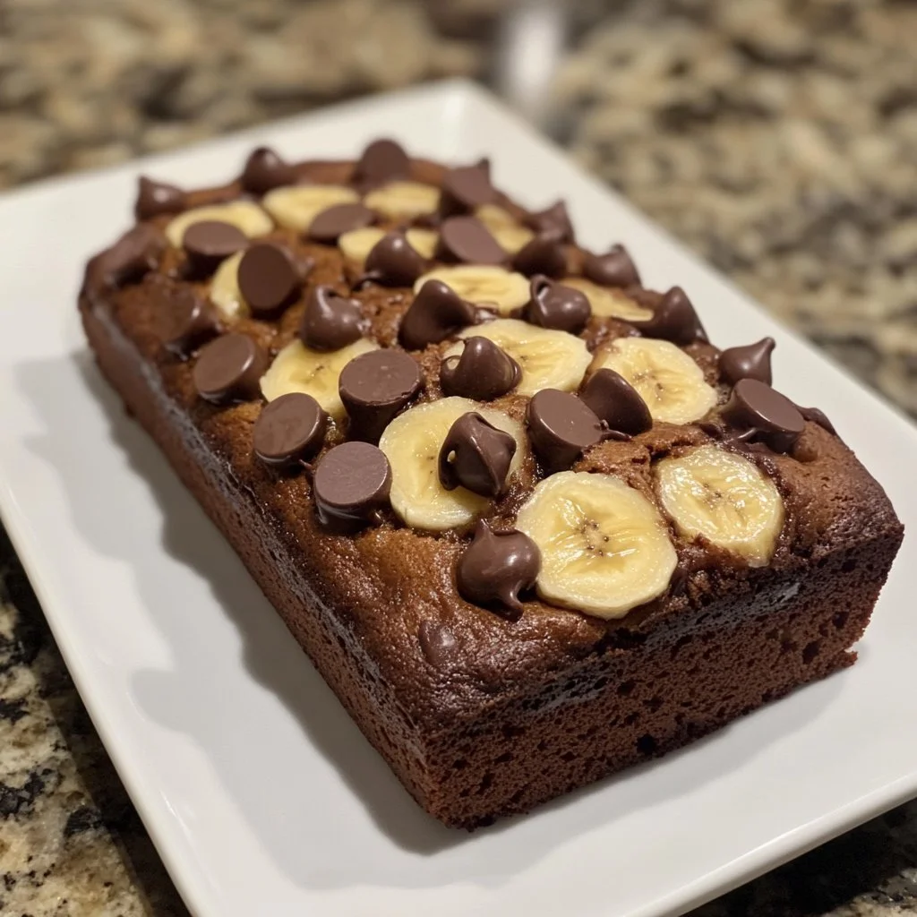Deliciously moist chocolate chip banana bread with chocolate chips on top
