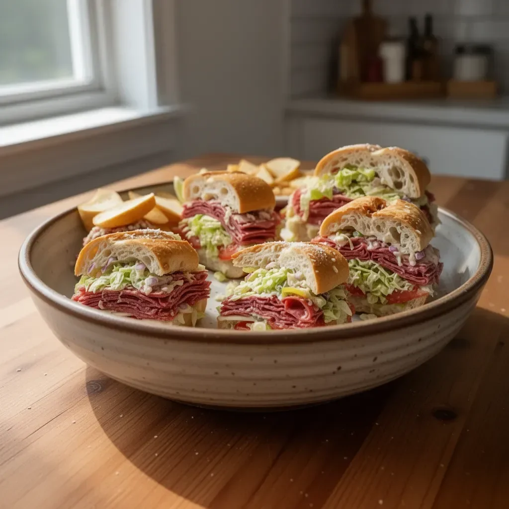 Italian Grinder Salad Sandwich with fresh veggies and meats on a hoagie roll.
