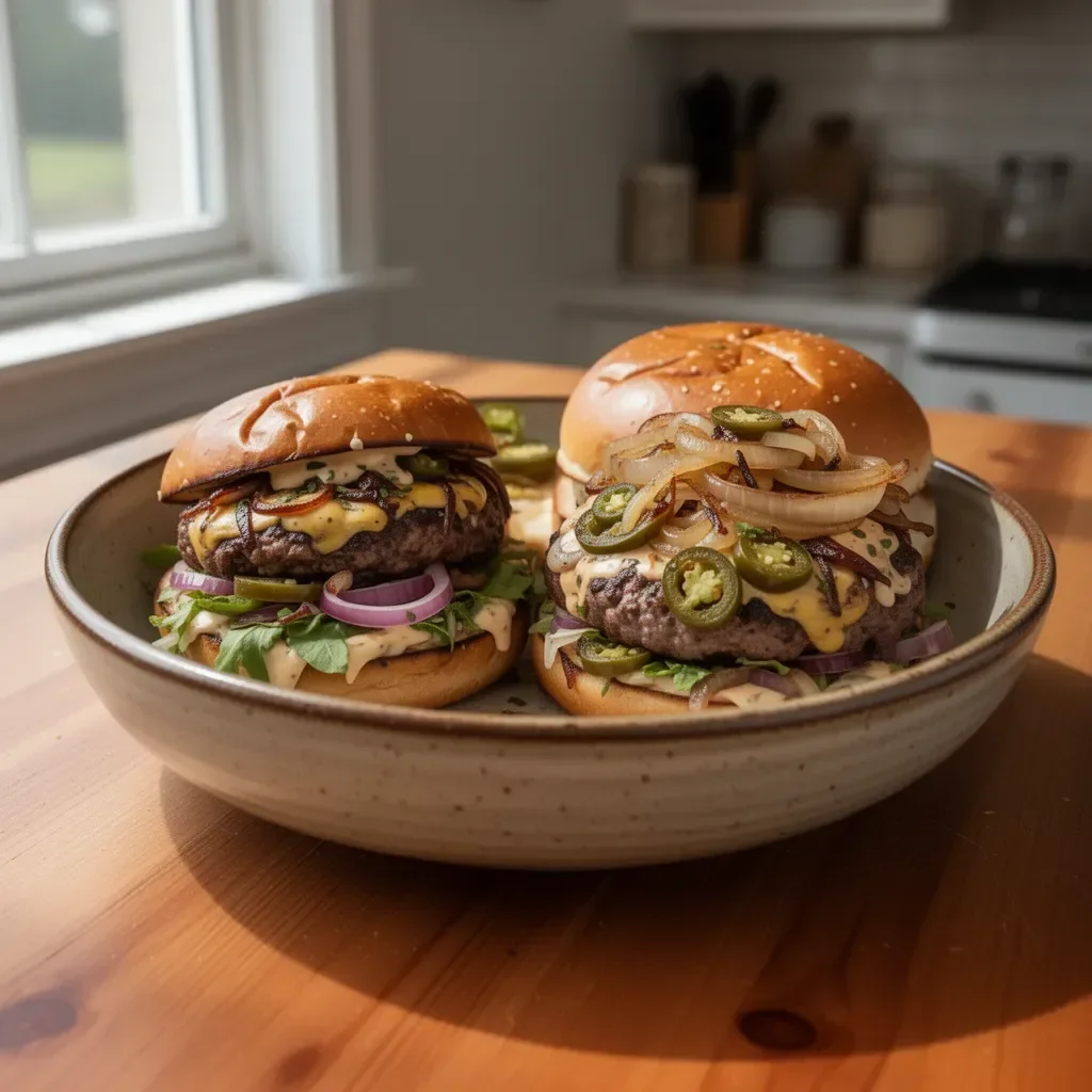 Jalapeño-Onion Smash Burgers on a grill, showcasing juicy patties and toppings.
