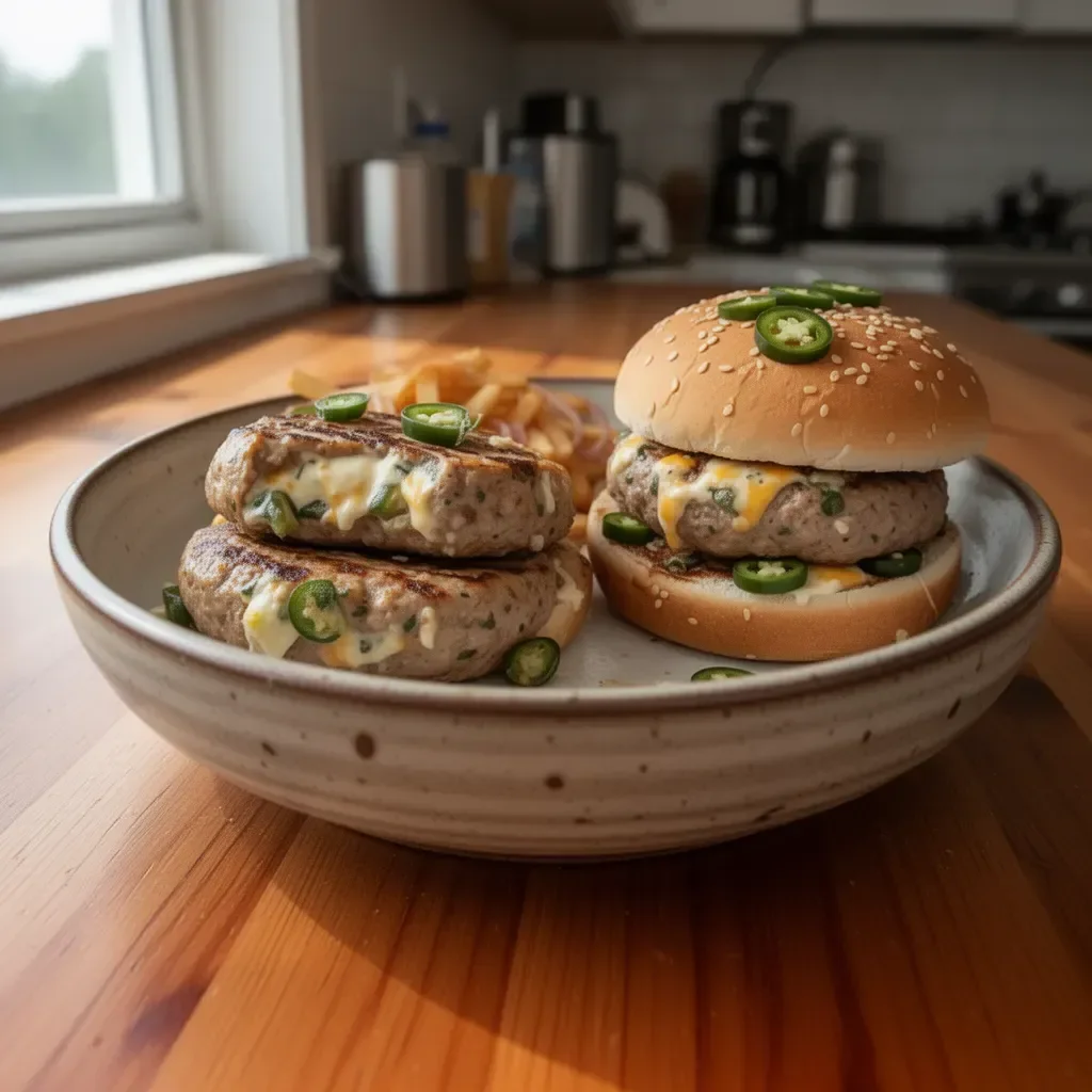 Delicious jalapeño popper turkey burgers topped with cheese and jalapeños.