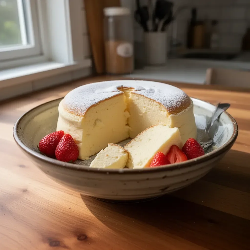 Delicious slice of Japanese Cheesecake on a plate with fresh berries.