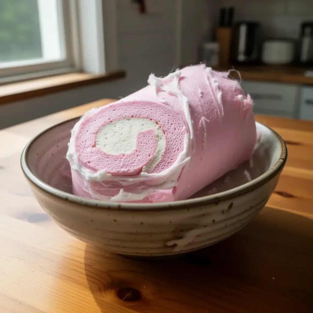 Japanese cotton candy cake roll showcasing fluffy pink layers and cream filling