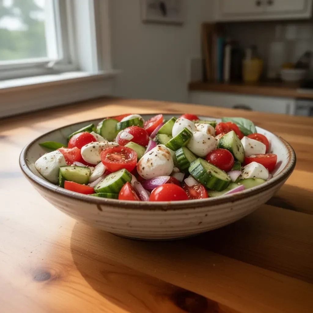 Juicy Cucumber Caprese Salad with fresh ingredients on a plate