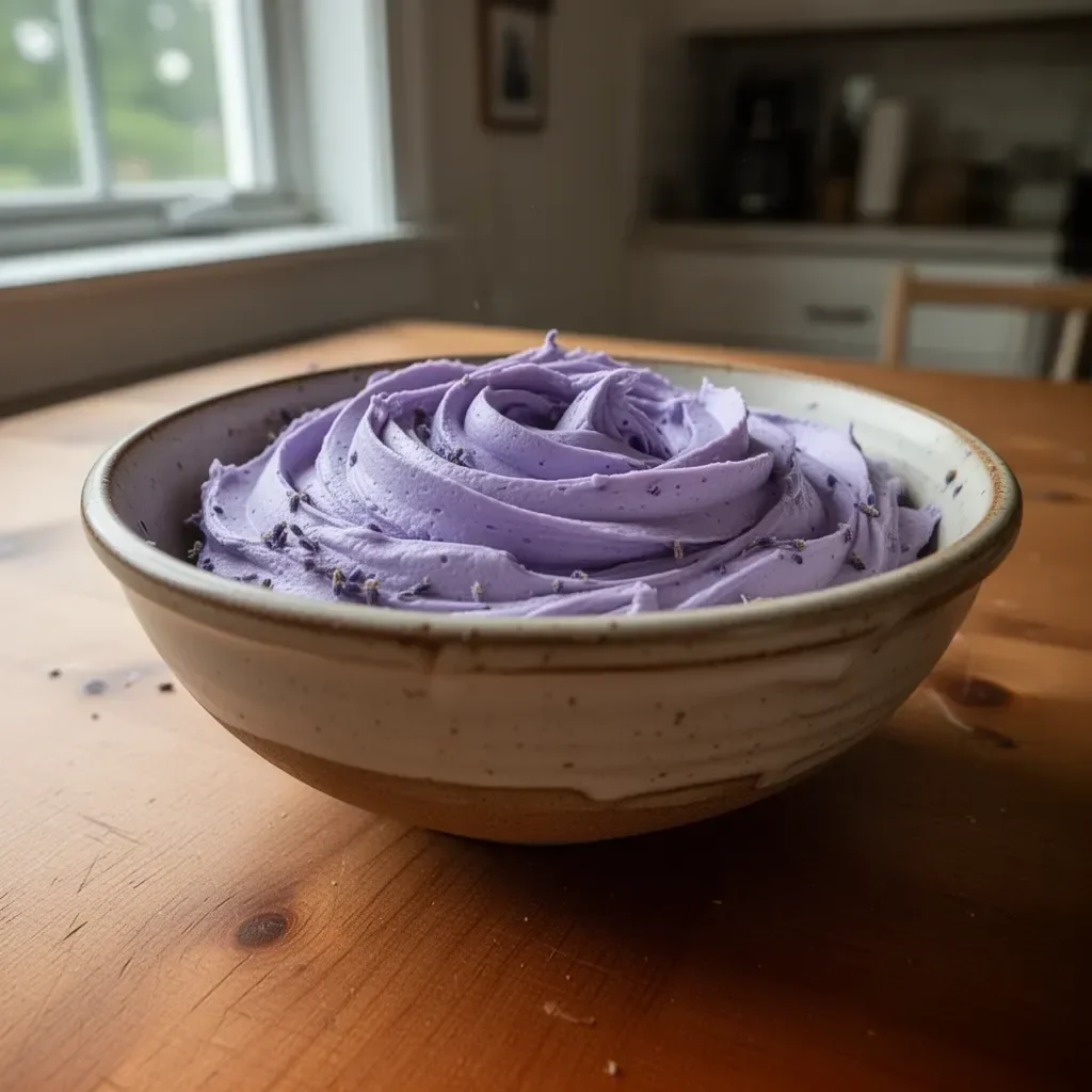 Lavender buttercream frosting on a vanilla cupcake