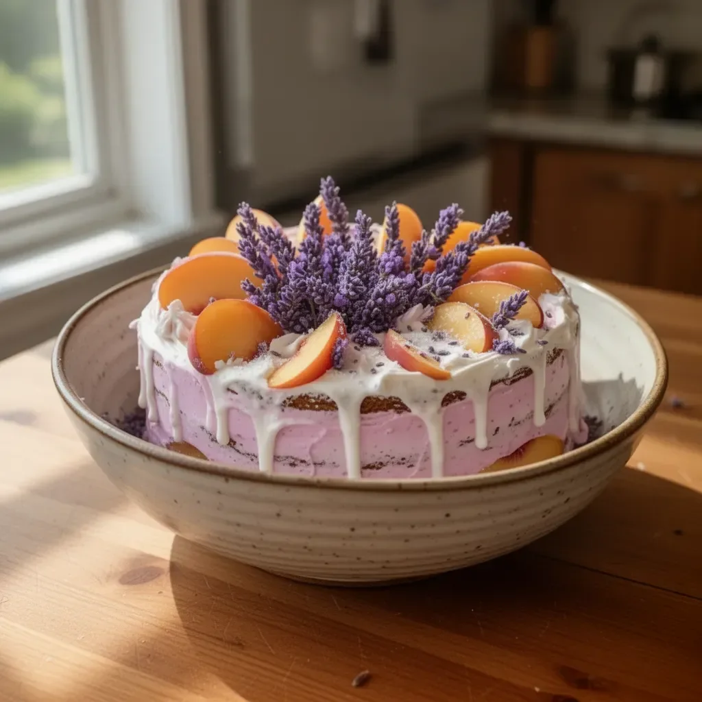 Lavender Peach Celebration Cake decorated with fresh peaches and lavender sprigs