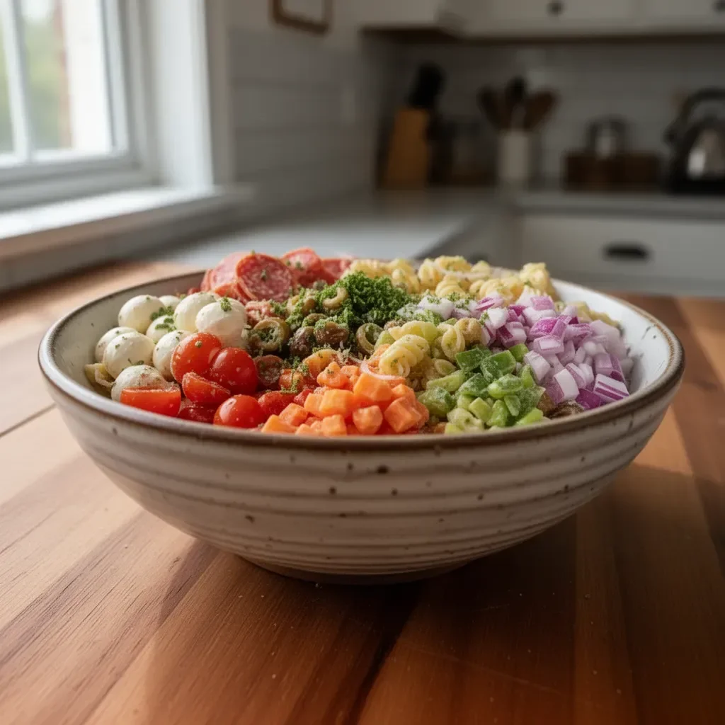 Colorful legendary pasta salad with vegetables and dressing in a bowl