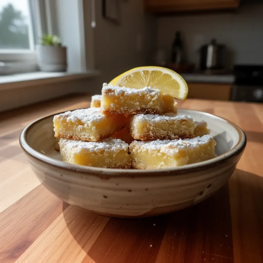 Plate of freshly baked lemon bar cookies with powdered sugar on top