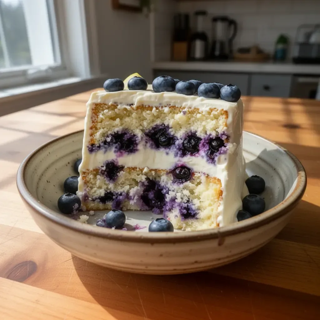 Lemon Blueberry Layer Cake with fresh blueberries and lemon zest.