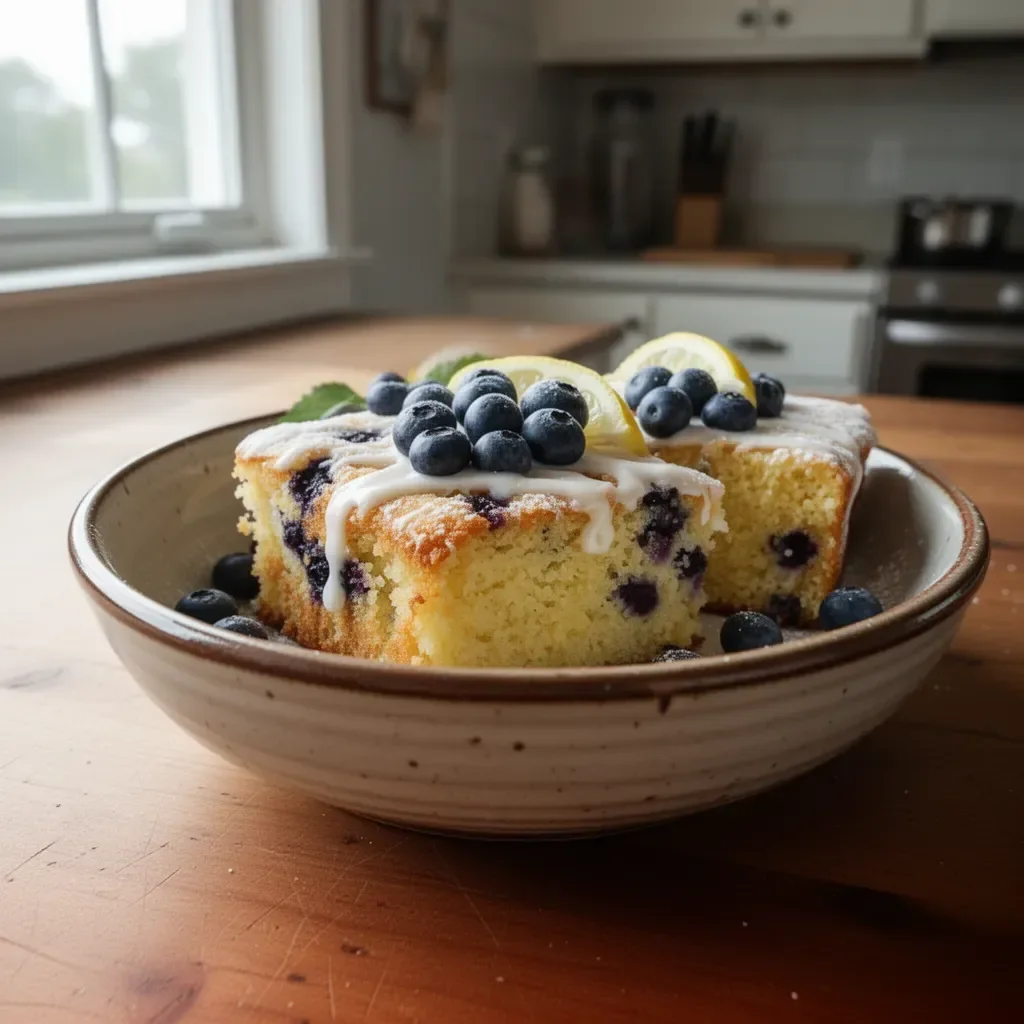 Lemon blueberry sheet cake topped with fresh blueberries and lemon zest