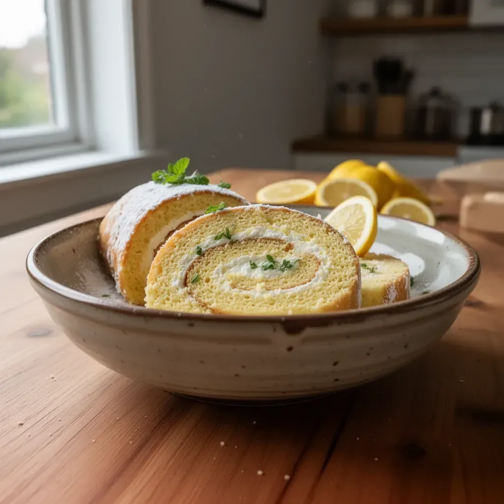 Delicious lemon cake roll with a creamy filling and fresh lemon zest