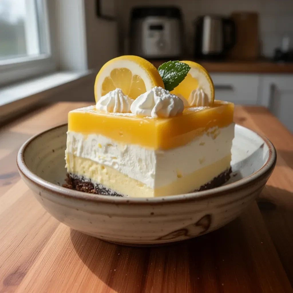 Delicious lemon mousse cake decorated with fresh lemon slices and mint