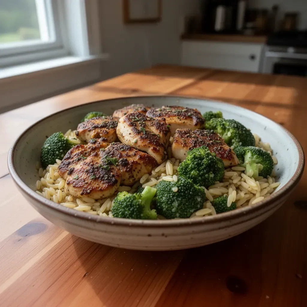 Plate of Lemon Pepper Chicken with broccoli and orzo on a wooden table