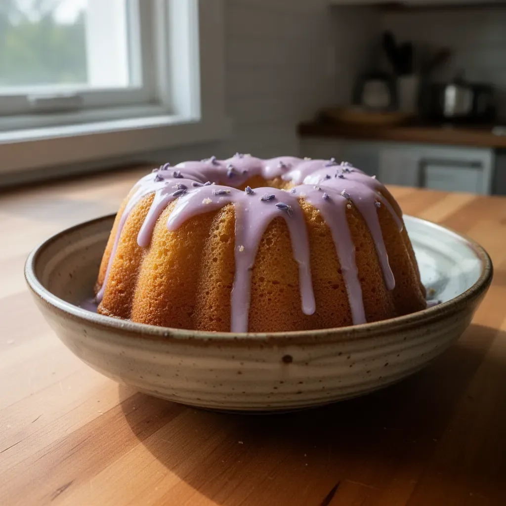 Delicious lilac Bundt cakes beautifully decorated for a special occasion.