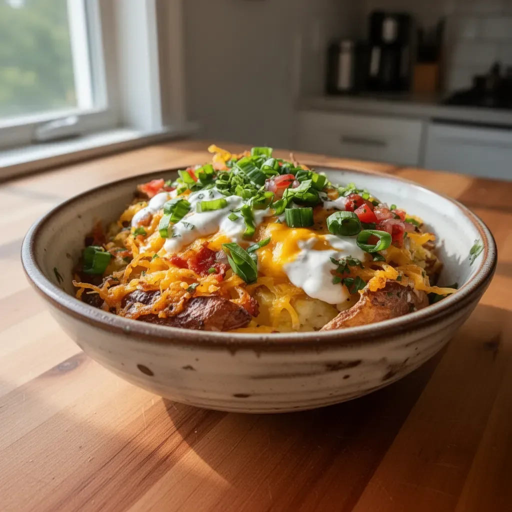 Delicious Loaded Fiesta Potato Bowls with toppings in a colorful bowl