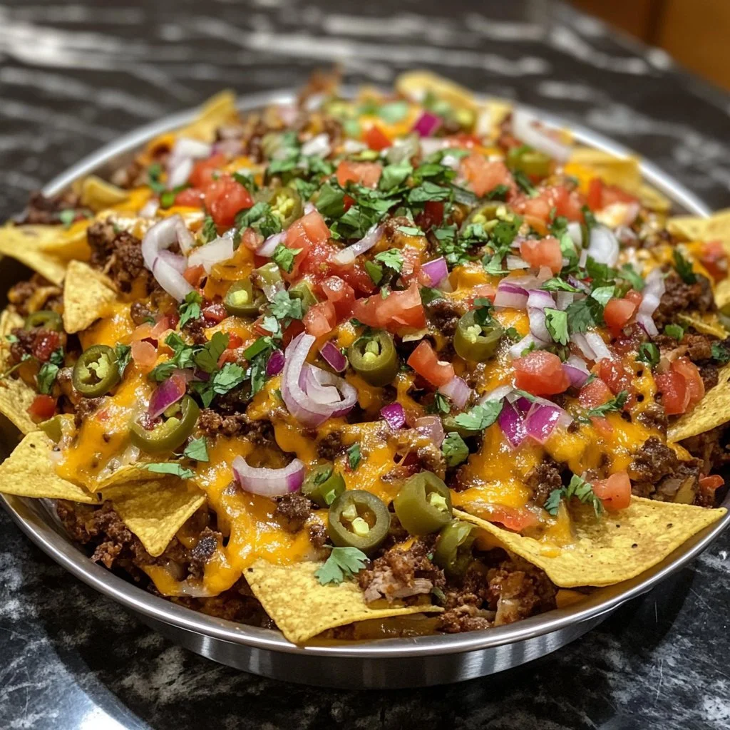 Plate of loaded nachos topped with melted cheese, jalapeños, and various toppings.