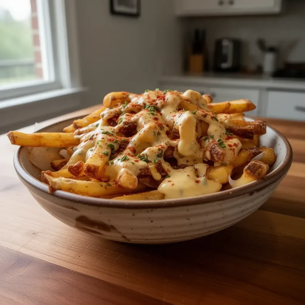 Delicious Louisiana Voodoo Fries topped with spices and sauces.