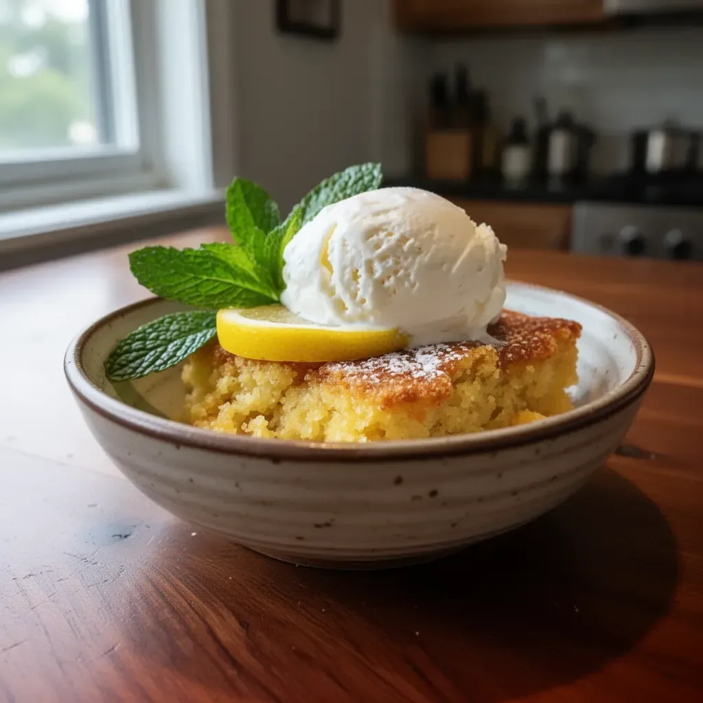 Delicious Magic Lemon Cobbler served in a dish