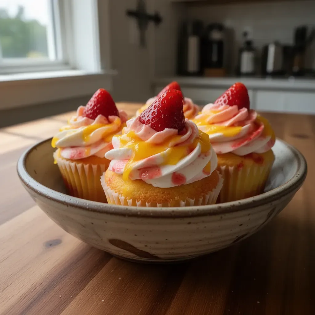 Mango Strawberry Sunset Cupcakes topped with vibrant frosting and fresh fruits