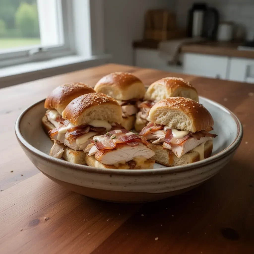 Maple Chicken Bacon Sliders with crispy bacon and maple glaze on a bun