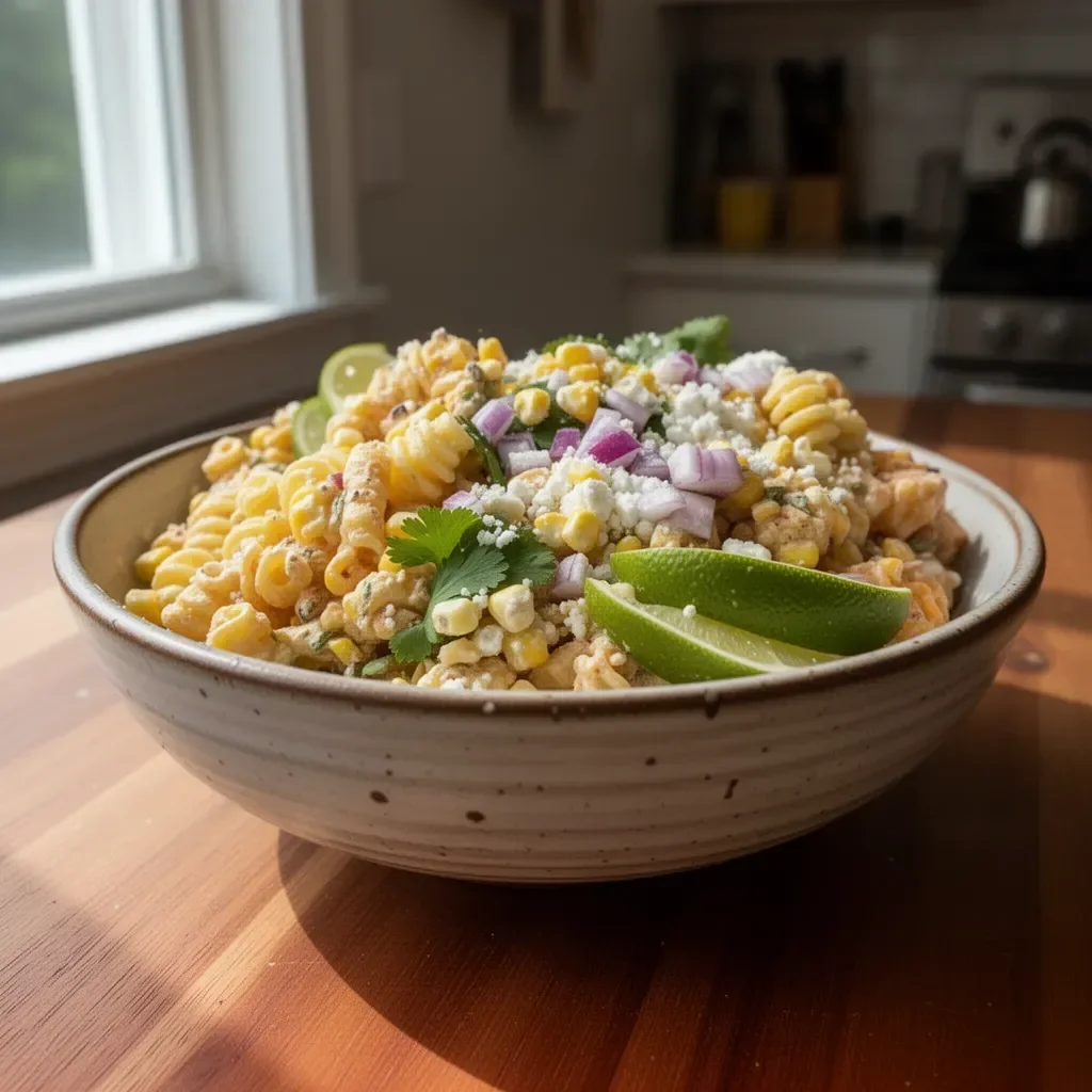 Colorful Mexican street corn pasta salad topped with cilantro and cheese