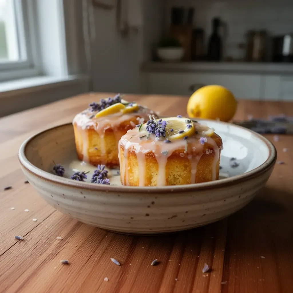 Mini lemon cakes topped with lavender glaze on a decorative plate