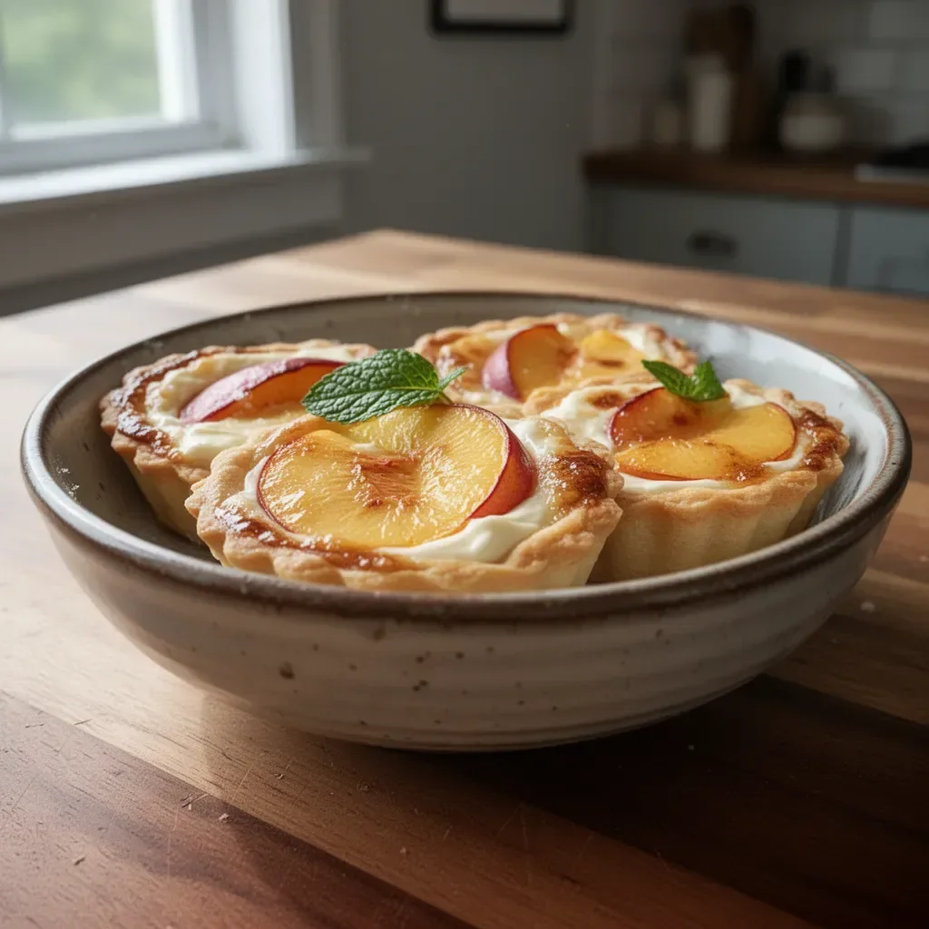 Mini Peach and Cream Cheese Tarts topped with fresh peach slices