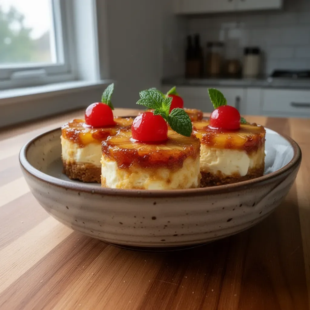 Mini Pineapple Upside-Down Cheesecakes with caramelized pineapple topping.